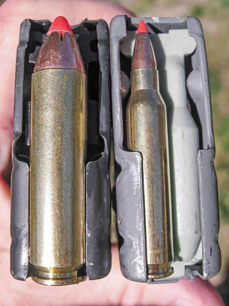 The .450 Bushmaster was specifically designed to fit in a 5.56mm magazine a...