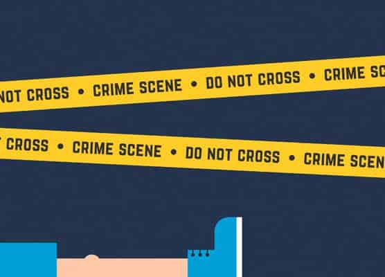 illustration of crime scene tape and body laying on ground; are you a suspect or victim?