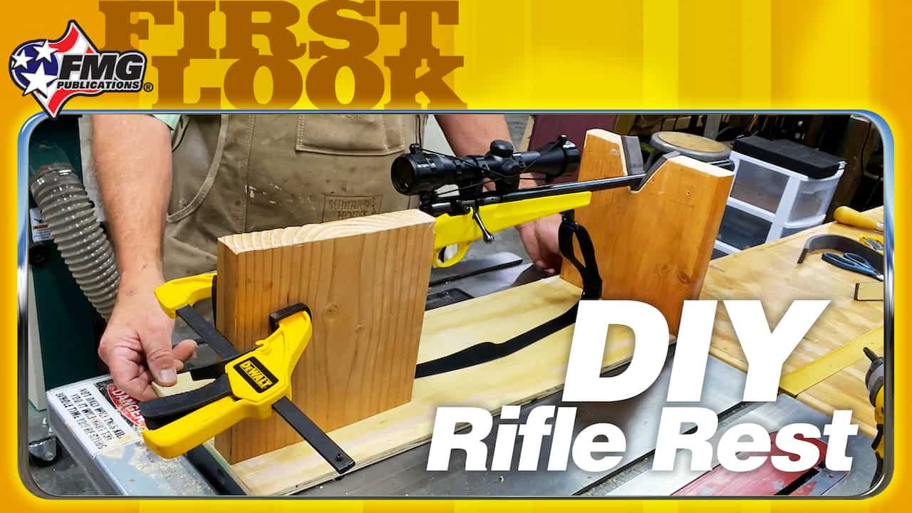 picture of man woodworking in shop with text that reads DIY Rifle Rest
