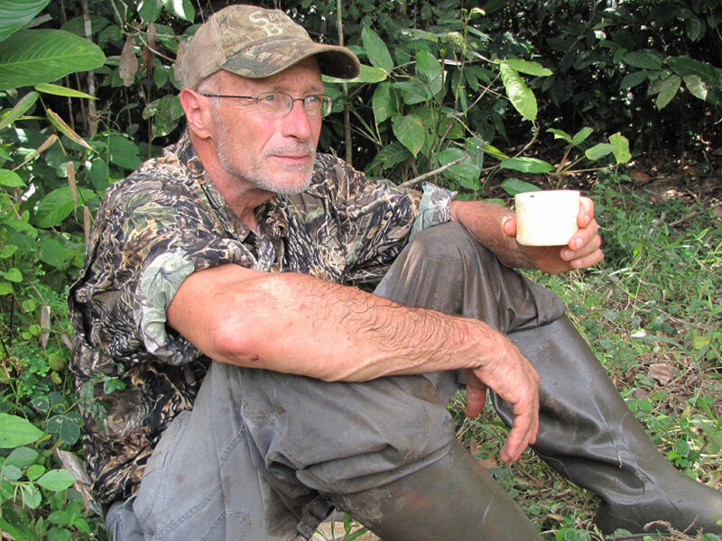 Mark Hampton taking a breather during his recent rain-forest hunt in Cameroon.